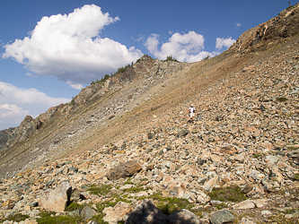 Descending the talus field on the NW slopes below the 6,600' saddle.