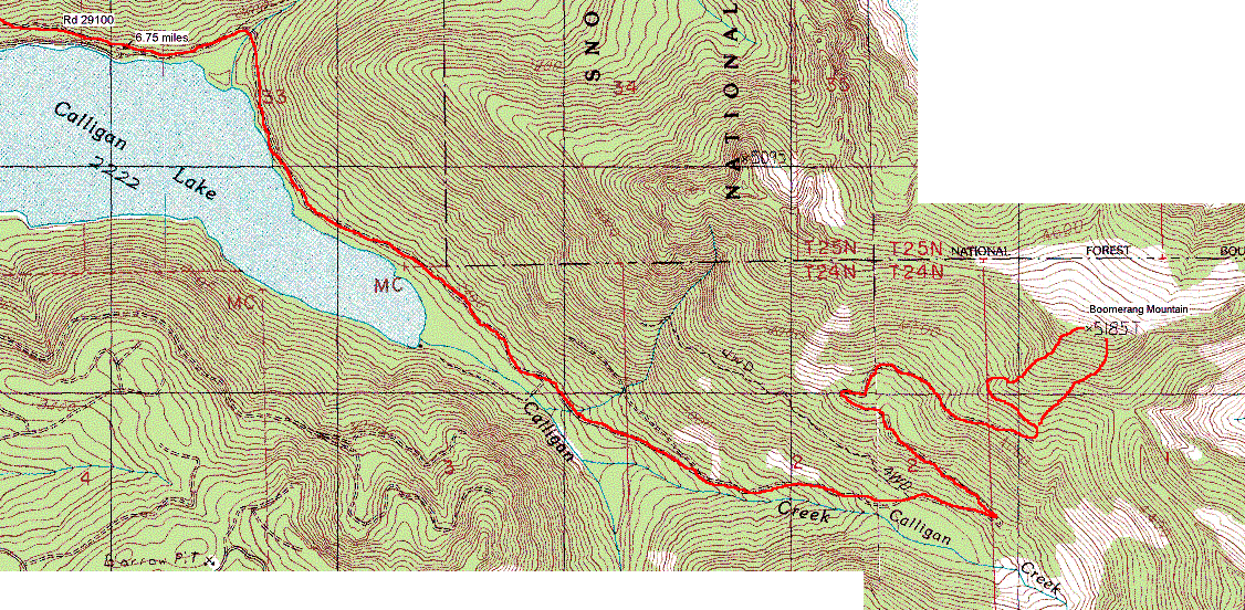 Boomerang Peak via logging roads map