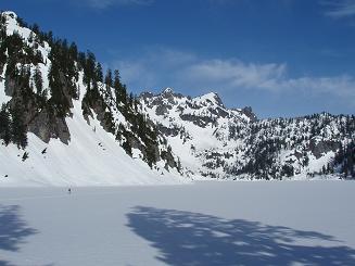 Carla on Snow Lake, Mount Roosevelt in background