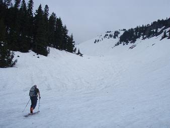 Skinning up the moderate slopes below the west arm of Silver Basin