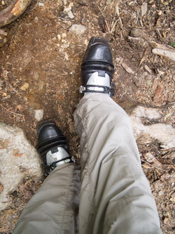 My hiking shoes were not where I had stashed them on my way up.  I ended up hiking back to the trail head in my ski boots.  On my way down I apprehended every day hiker I could and accused them of taking my shoes, but none of them fessed up.