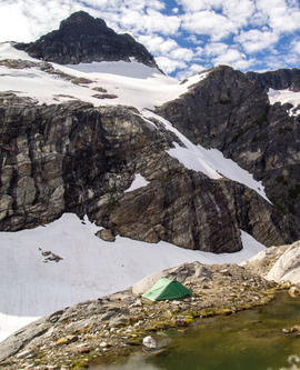 Our camp next to the Colonial Glacier.  Pinnacle Peak in the background.
