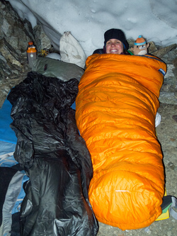 Out cozy bivy spot at the 8,200' col between Katsuk and Mesahchie.  Little did we know we would be besieged by a wood rat for much of the night!  It was particularly entranced by Lindsay's shiny crampons.