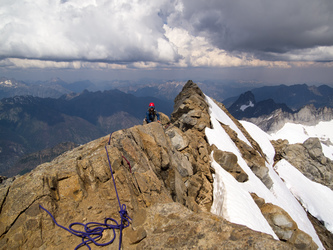 The final, airy traverse before the summit of Dome Peak.