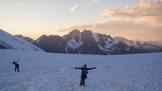 The sun is setting and we are still on the Chickamin Glacier, but we are on relatively flat ground so we are happy.
