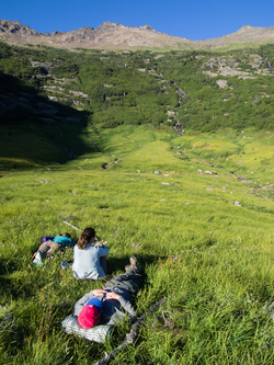 Lounging in the 5,000' basin on the south slopes of Luahna.