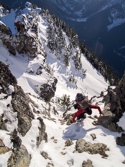 Ascending the final gully to the summit.