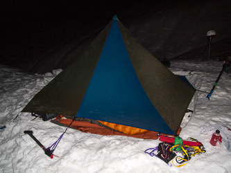 Our camp on the east slope of Salish and Ohio.  It was amazingly warm for 5,000' elevation on a January night.