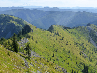 Looking east to the Bluff Mountain Trail from the summit of Silver Star.