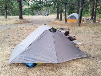 Our camp in a county park next to the Klickitat River, less than a mile from the Lyle Trailhead.