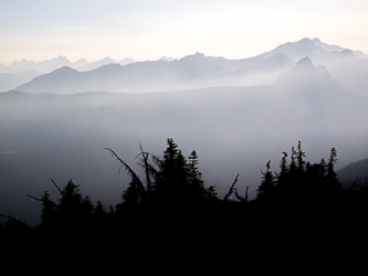 Looking west at Mount Daniel and the Snoqualmie Range through the smoke haze.