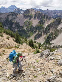 Ascending the gully.  Nursery Peak in the background.