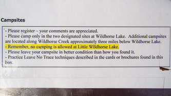 Oops!  I researched camping at Little Wildhorse Lake before this trip and did not find anything about camping not being allowed.