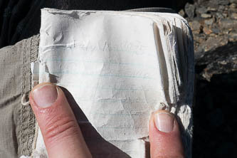 Faded summit register dating back to 1975, in a container placed by the Alpine Roamers.  http://www.alpenglow.org/ski-history/ref/roamers.html